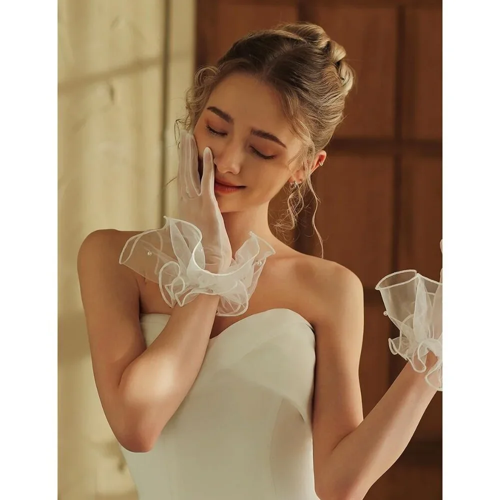 Women's Formal Evening White Short Mesh Tulle Gloves Wedding Party Costume